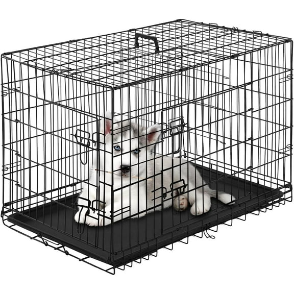 WgoodW Large Dog Crate Kennel for Medium Large Dogs 24 inches Metal Dog Cage Double-Door Folding Travel Indoor Outdoor Puppy Playpen with Divider and Handle Plastic Tray,Black