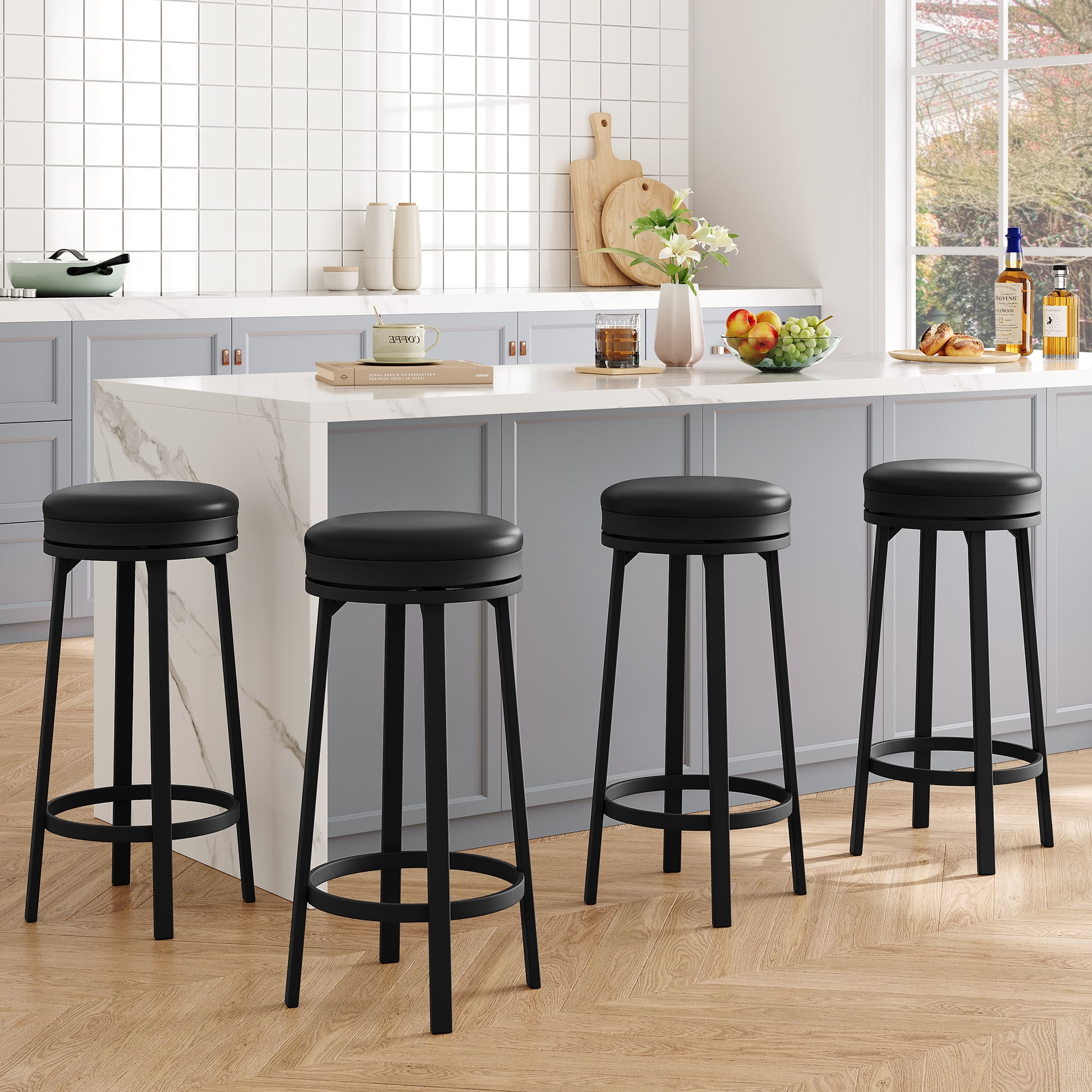 Bar Stools, Set of 4 Swivel Bar Stools, Round Bar Chairs with Footrest, 30" Swivel Counter Stools, Industrial Kitchen Breakfast Bar Chairs, Black