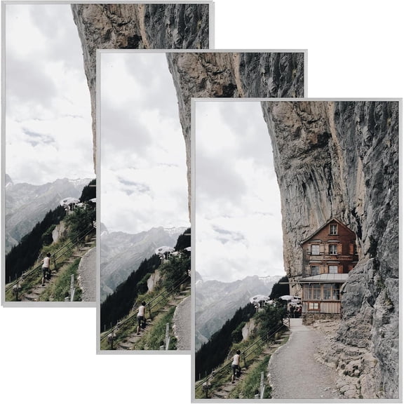 EnjinZZ 13x19 Aluminum Poster Frames, Acrylic Front, Thin Metal Picture Frame for 19x13 Photos, Horizontal/Vertical Wall Mount (3 Pack, Silver)