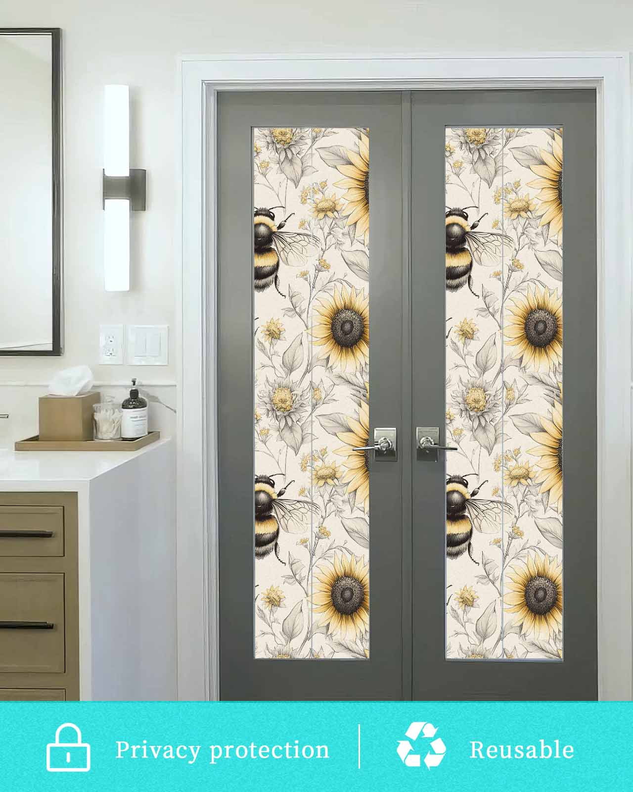 Window Privacy Film Sunflowers Bees Stained Glass Window Film Decorative Sun Block Window Cover Summer Vintage Flowers Leaf Plant Window Clings Static Adhesive Sticker for Bathroom 17.7"x78.7"