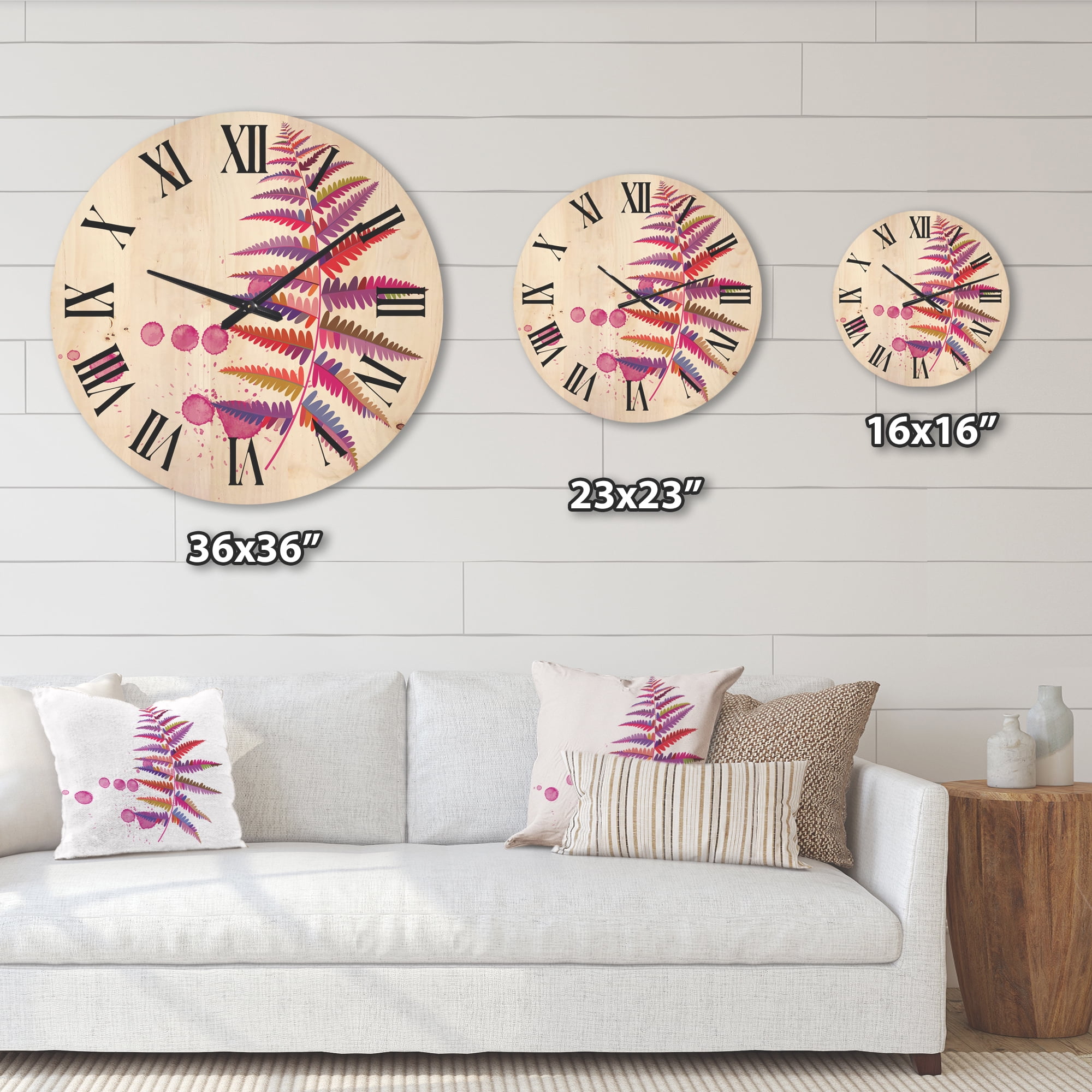 Designart 'Purple Fern With Purple Splash' Farmhouse Wood Wall Clock