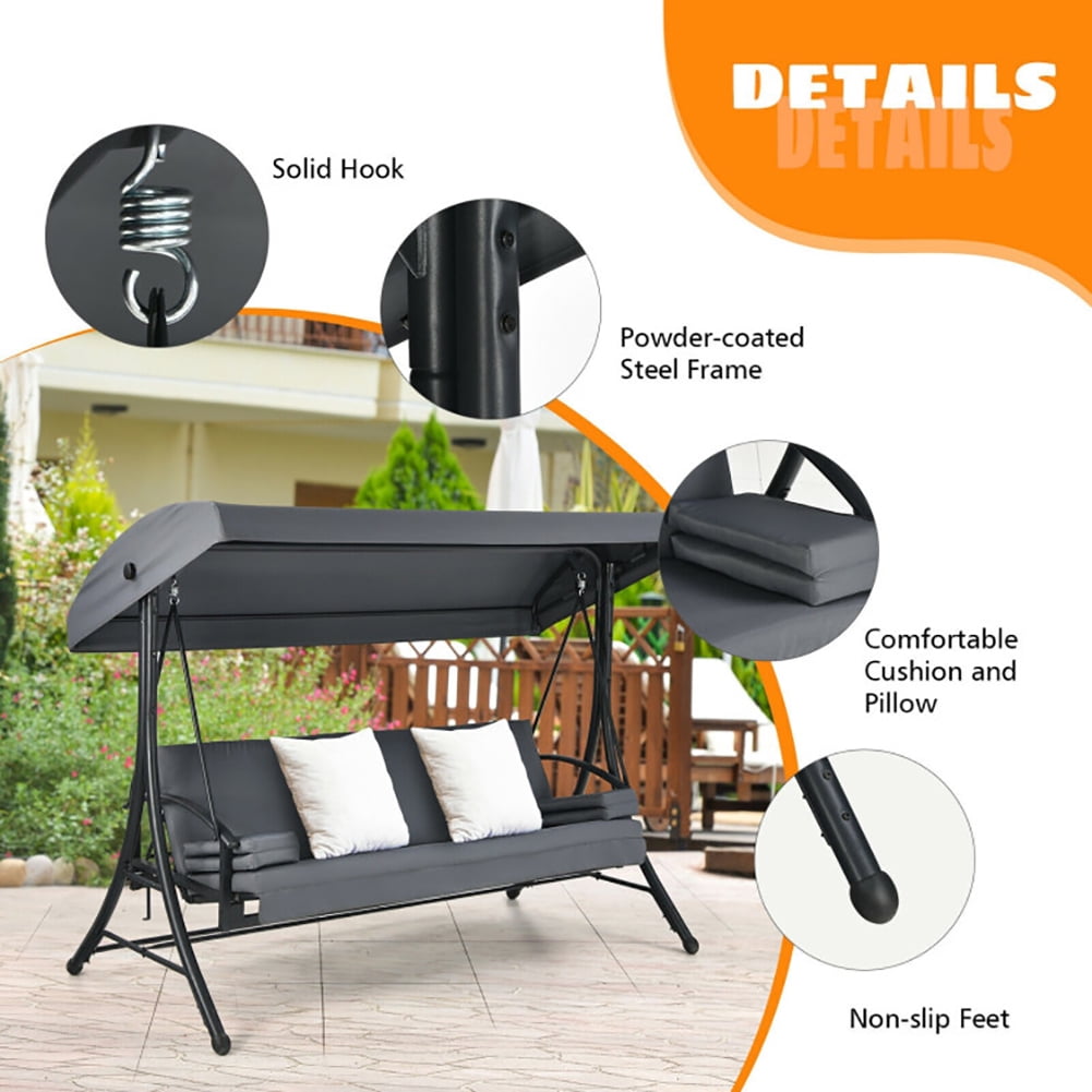 Aimee Lii 3-Seat Patio Outdoor Swing with Adjustable Tilt Canopy, Comfy Outdoor Chair, Gray Aimee Lii 3-Seat Patio Outdoor Swing with Adjustable Tilt Canopy, Comfy Outdoor Chair, Gray