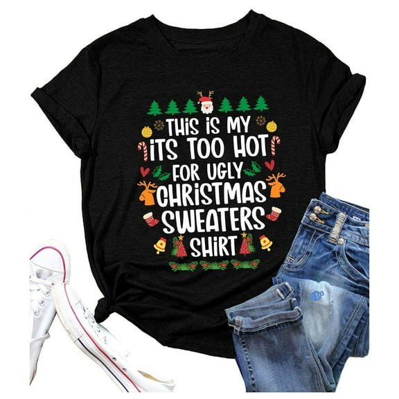 Women's Christmas Letter Print Round Neck Short Sleeve T Shirt Top Casual Women T Shirt S T Shirts Women Tee Shirt Women Graphic Athletic Wear Women T Shirt Women Pack Extra Long Sleeve Womens Long