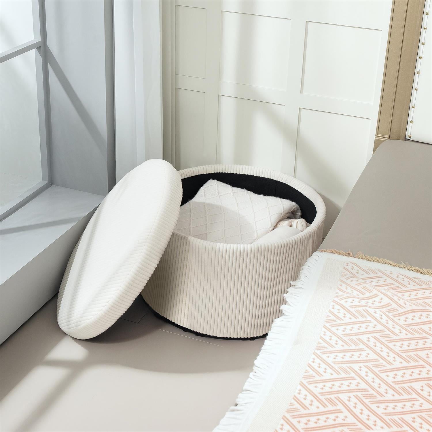 Demi Bonn 23" Round Storage Ottoman Stool with Lid, Upholstered Corduroy for Living Room, Bedside Footrest, Storage Stool, Beige