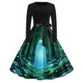 thumbnail image 2 of Halloween Dresses for Women Bone Printed Long Sleeve Casual Dresses Ghost Hepburn Crew Neck Scary Tea Length Dress with Belt XL, 2 of 6