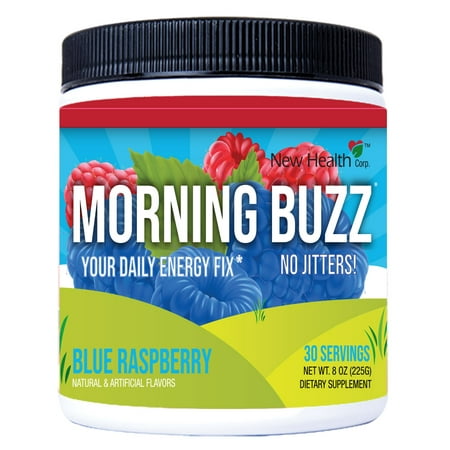 - Morning Buzz Blue Raspberry Sports Energy Drink by New Health, Pre Workout, Sports Nutrition Drink, Supports Lasting Energy, Endurance, Clarity, and Metabolism, 8 Ounce Powder Mix