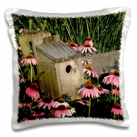 Bluebird Trail Box 3dRose Bluebird nest box on fence near purple Coneflowers, Marion, IL - Pillow Case, 16 by 16-inch ()