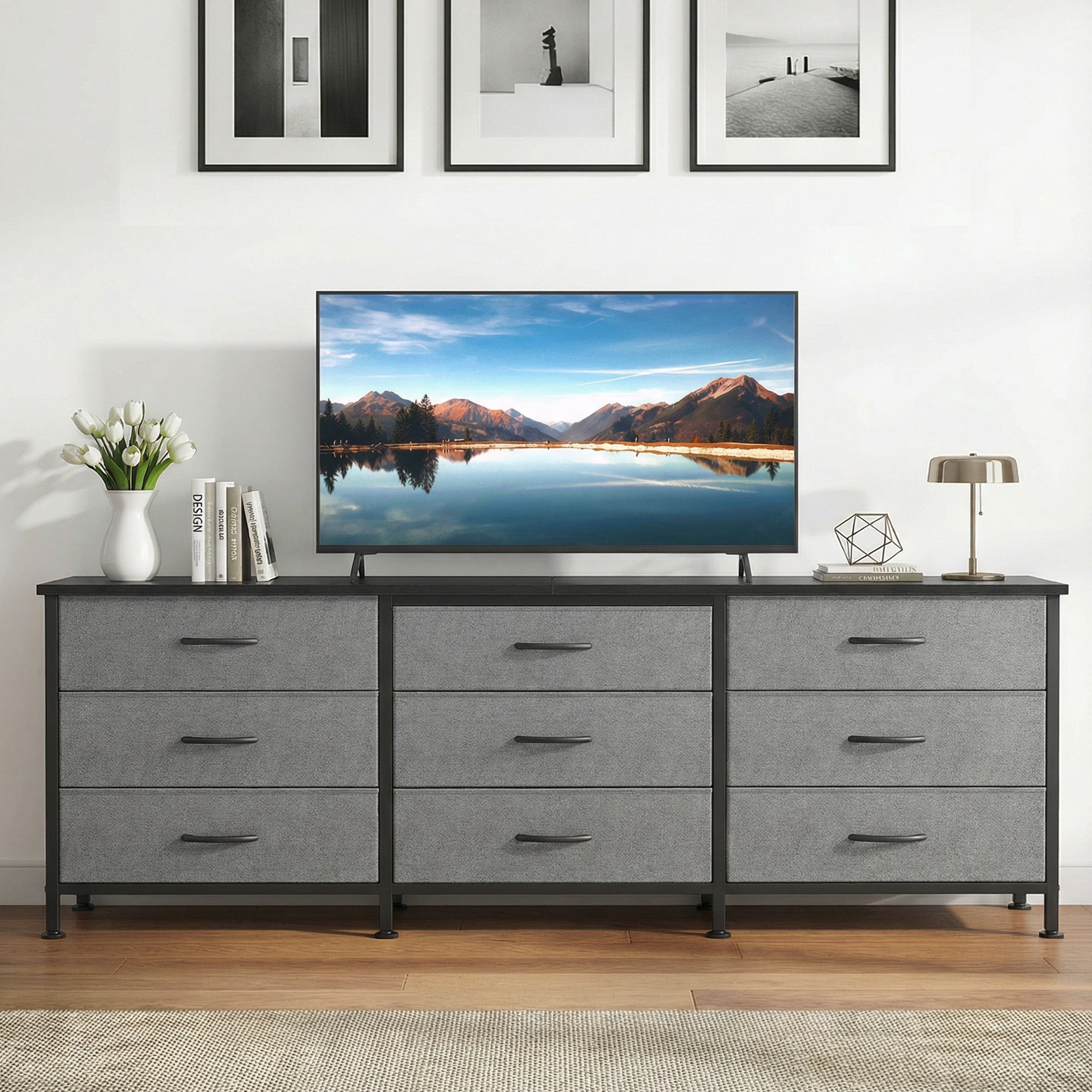 CONCETTA 9 Drawer Storage TV Dresser, Metal Frames Resist Deformation, Adjustable Feet Prevent Tipping, Accommodates TV Up to 75 inch, Suitable for Living Room,Gray