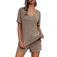 thumbnail image 4 of Womens 2 Piece Lounge Sets Ribbed Knit Pyjama Sets Short Sleeve V Neck Lounge Top and Shorts Sweatsuits Outfits Sleepwear, 4 of 7