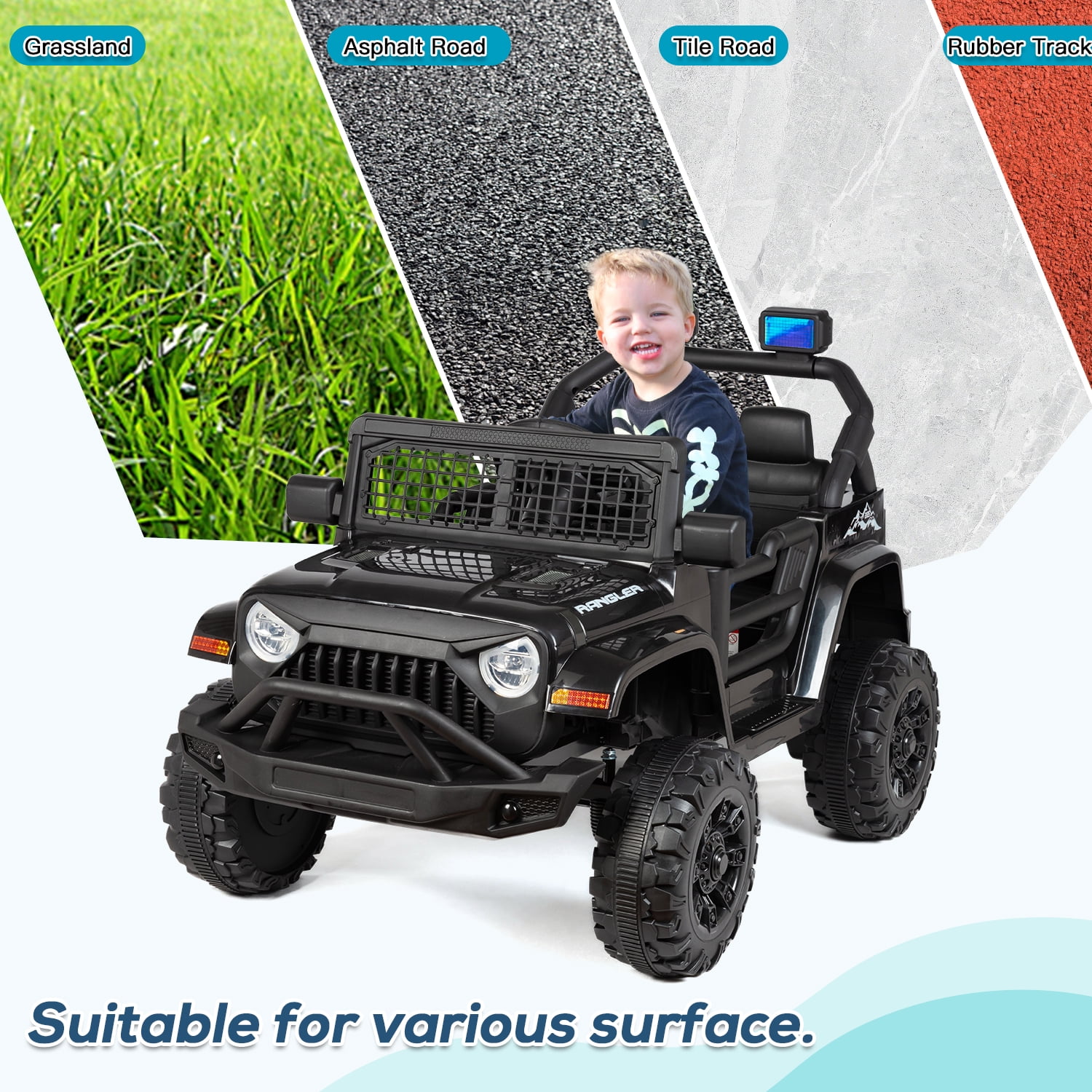 Erinnyees 12V Ride on Jeep Car, Kids Electric Vehicles with Remote Control, Safety Belt, Battery Powered, Music and Lights-Black