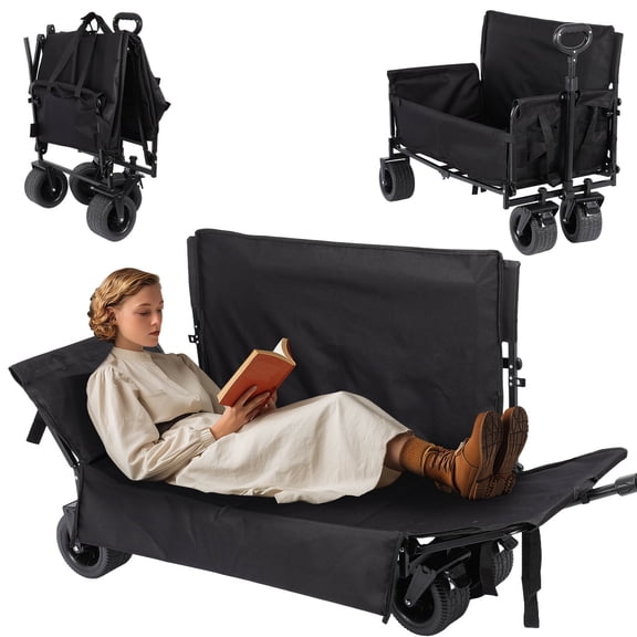 3 in 1 Collapsible Wagon Converts to Bench, 550lbs Foldable Wagon Cart with Wheels, 220L Shopping Cart for Groceries Folding Utility Wagon for Beach, Camping, Outdoors, Shopping, Black
