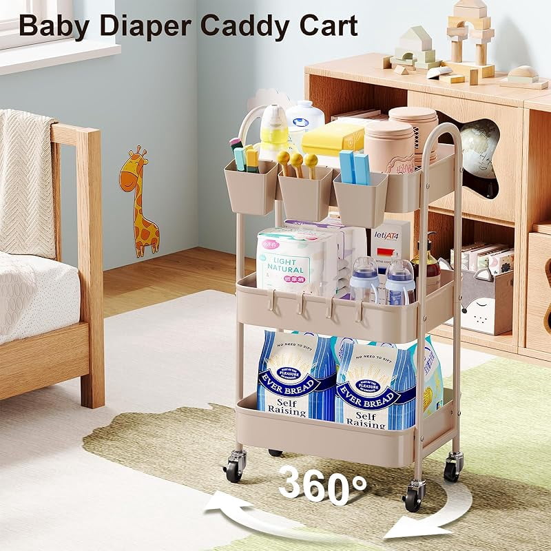 3 Tier Green Metal Rolling Cart with Lockable Wheels and Handle, 3 Tiered Utility Storage Organizer Carts for Teachers, Arts, Craft, Snack, Book, Bedside, Nursery, Cleaning Supplies, Easy Assembly