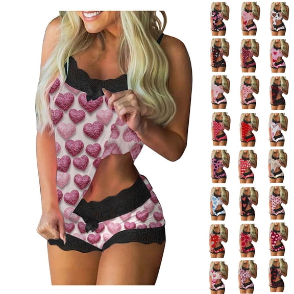 Bixock Women Loungewear Set Valentines Pajamas for Women Heart Print Lace Camisole Tank Top Sleeveless Patchwork Short Pants Casual Sleepwear