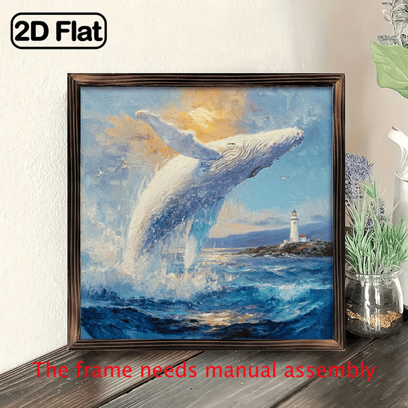 2D Flat - 1pc Vintage Whale Leaping Over Lighthouse Wooden Frame Wall Art, 8x8 inch, Nautical Beach Theme Decorative Sign for Oceanfront Homes, Coastal Living Rooms, and Bedrooms, Beach House Deco