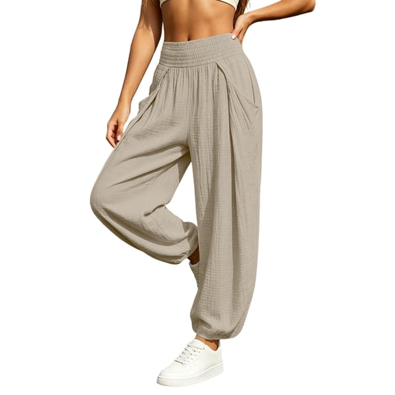 Cmfcve Womens Cotton Harem Pants Elastic High Waist Long Pants Ruched Lightweight Loose Fit Gauze Trousers with Pocket