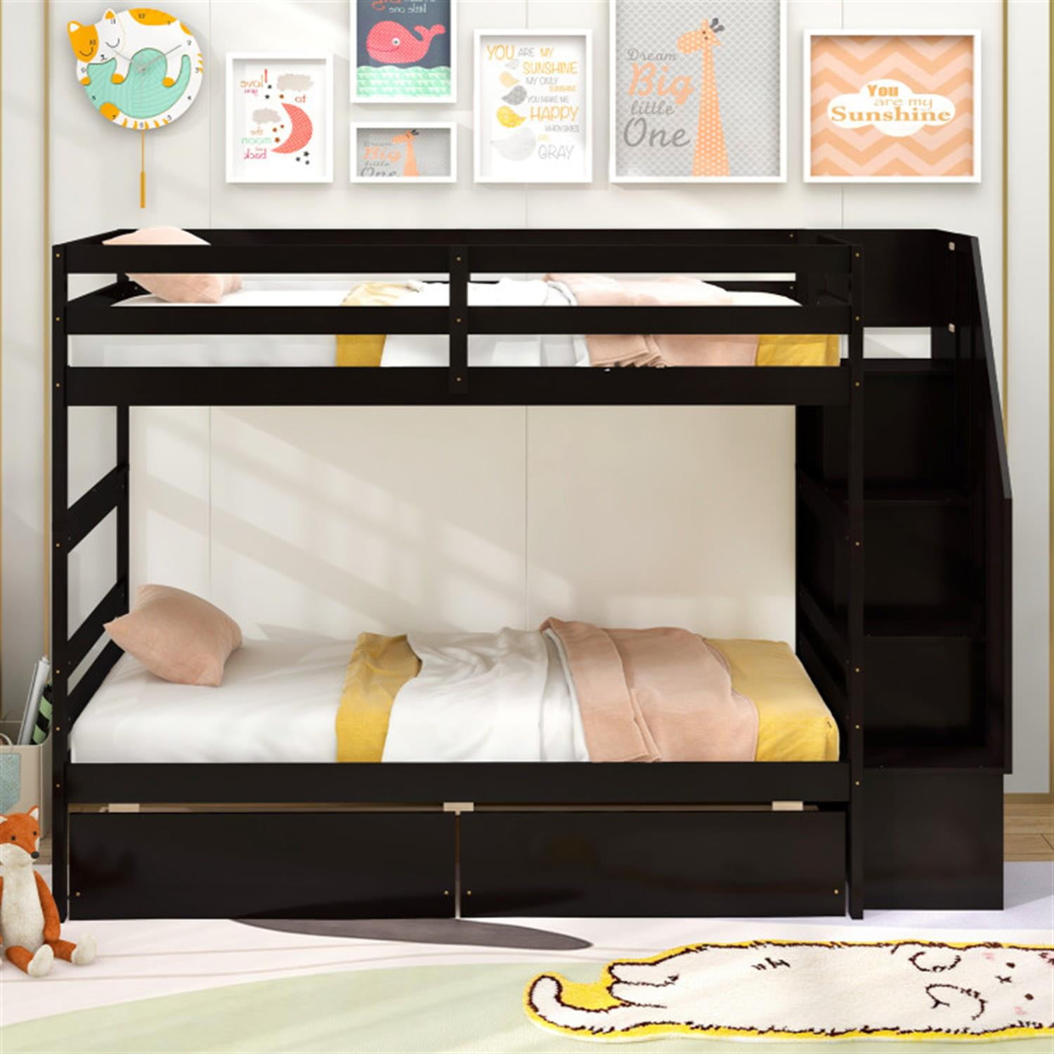 Demi Bonn Twin Over Twin Bunk Bed with Storage Stairs and Drawers, Solid Wood Bunkbeds Frame for Bedroom, No Box Spring Needed, Brown