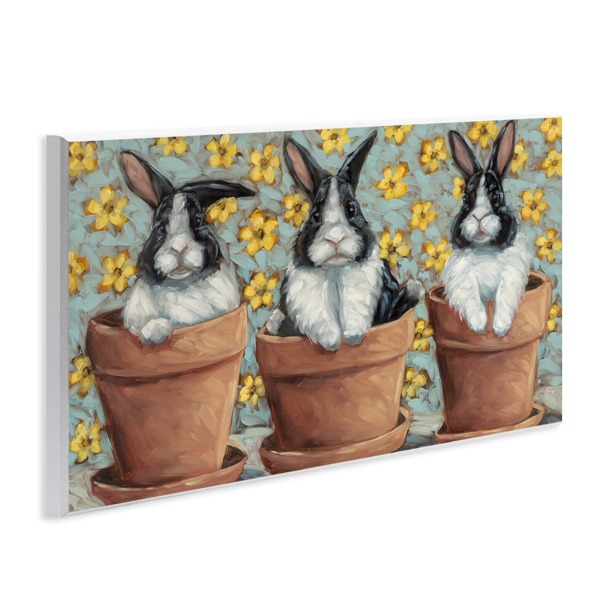 Stupell Industries Three Bunnies in Pots Animals & Insects Painting Unframed Art Print Wall Art, 17 x 7