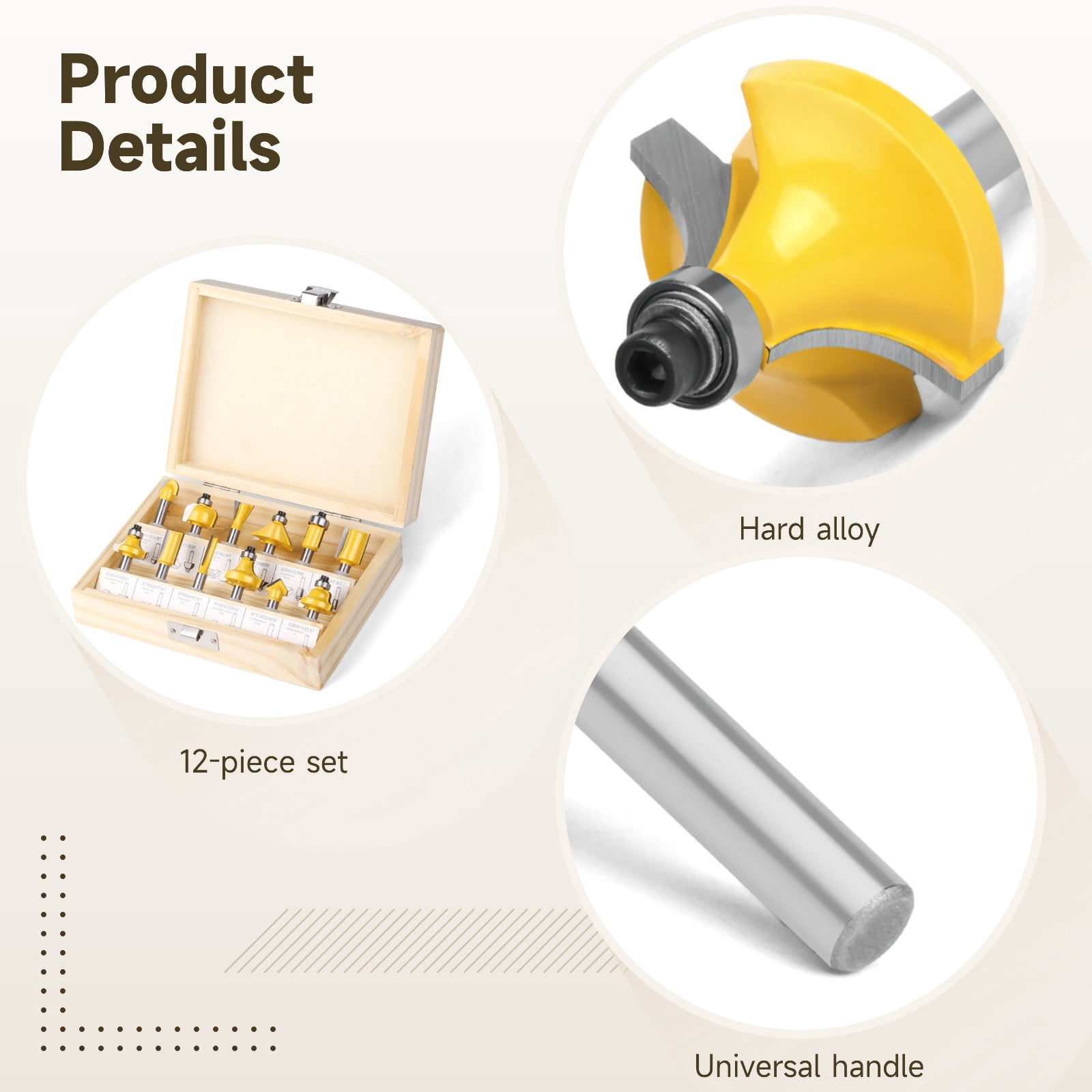 12 Pcs Router Bit Set 1/4 Shank, Tungsten Carbide Woodworking Tools with Straight, Cove, V-Groove, Chamfer, Flush Trim Bits, Universal Shank, Wooden Box for Storage, Yellow