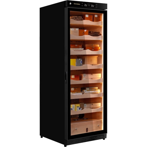 Cigar Climate Control Cabinet, Raching 380L Cigar Humidor Cabinet for Storing&Aging, Wood Frame with Constant Temperature and Humidity System, 7 Premium Canada Cedar Trays - Piano Paint Black
