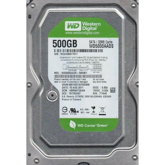 WD5000AADS-56S9B1, DCM HBRNHT2AHN, Western Digital 500GB SATA 3.5 Hard Drive