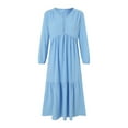 thumbnail image 6 of vigerkar Women's Linen Maxi Dress Long Sleeve Casual V-Neck Tiered Ruffle Dress Boho Beach Pleated Long Dress Light Blue, 4XL, 6 of 9