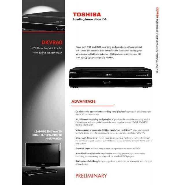 Toshiba DKVR60 DVD/VCR Combo Recorder, 1080p Resolution, HDMI Output, 1 Count