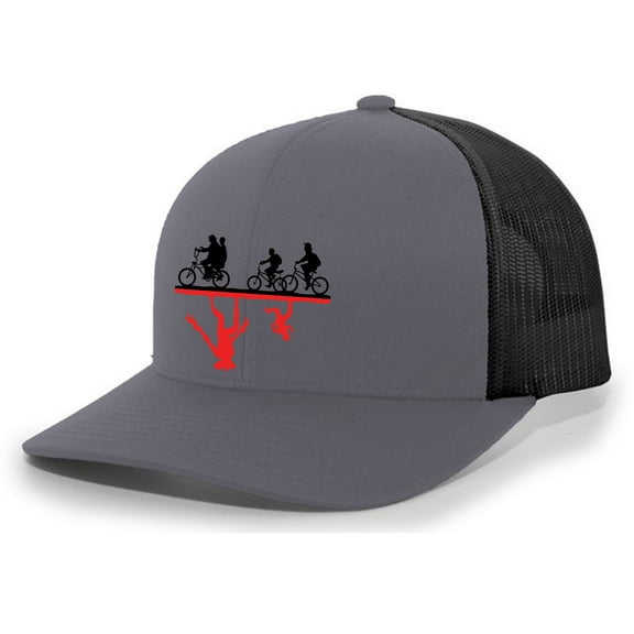 Hawkins Kids Upside Down Monster Mens Embroidered Mesh Back Trucker Hat, Charcoal/Black