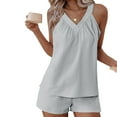 thumbnail image 6 of QATAINLAV Linen Short Sets for Women 2 Piece Outfits Vacation V Neck Halter Tops and Drawstring Shorts Lightweight Summer Matching Sets, Gray, L, 6 of 8