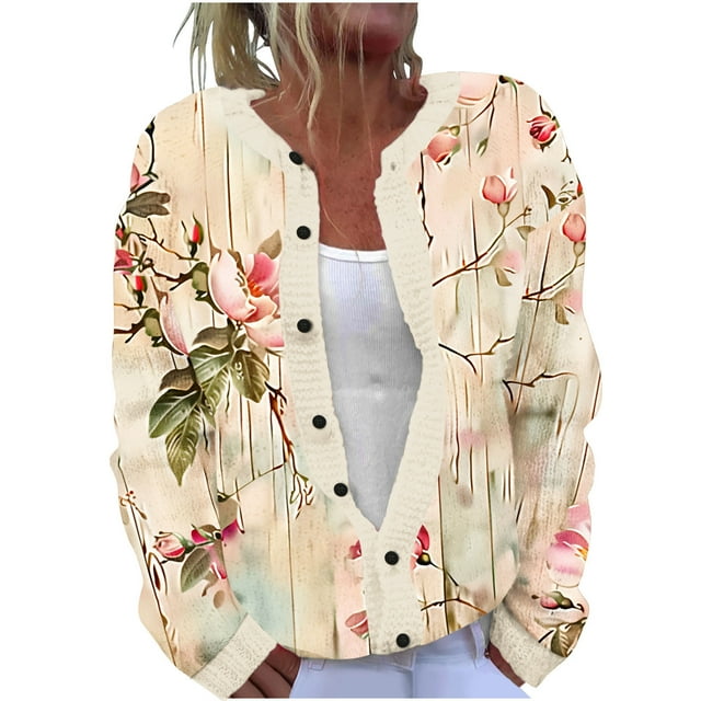 VEKDONE Cardigan Tricoté Imprimé Floral Décontracté pour Femmes avec Veste à Boutons et Haut Multicolore L