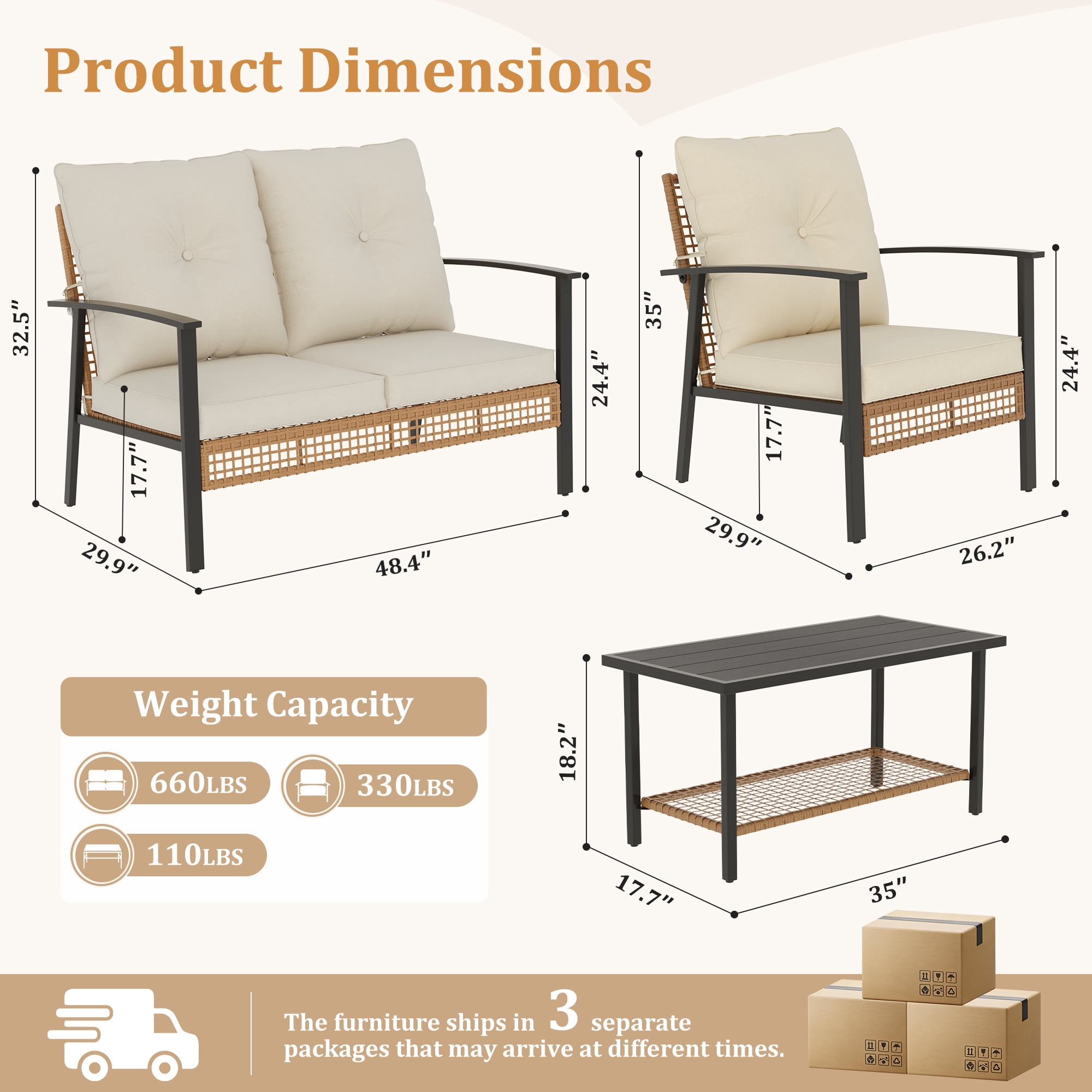 Deersky 4 Pieces Outdoor Patio Furniture Set with 2 All-Weather Wicker Chairs, Loveseat and Coffee Table, Easy Assembly for Balcony, Porch, Backyard