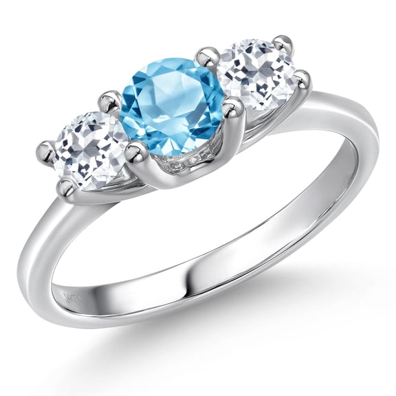 Gem Stone King 14K White Gold Swiss Blue Topaz & White Topaz 3-Stone Engagement Ring | 1.31 Cttw | Round 5MM and 4MM | Three Stone Wedding Anniversary Promise Ring for Women (Size 5)