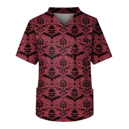 

HHei_K Halloween Scrubs Fashion Men s Short Sleeve V Neck Halloween Printing Working Chest Pocket Carer Top