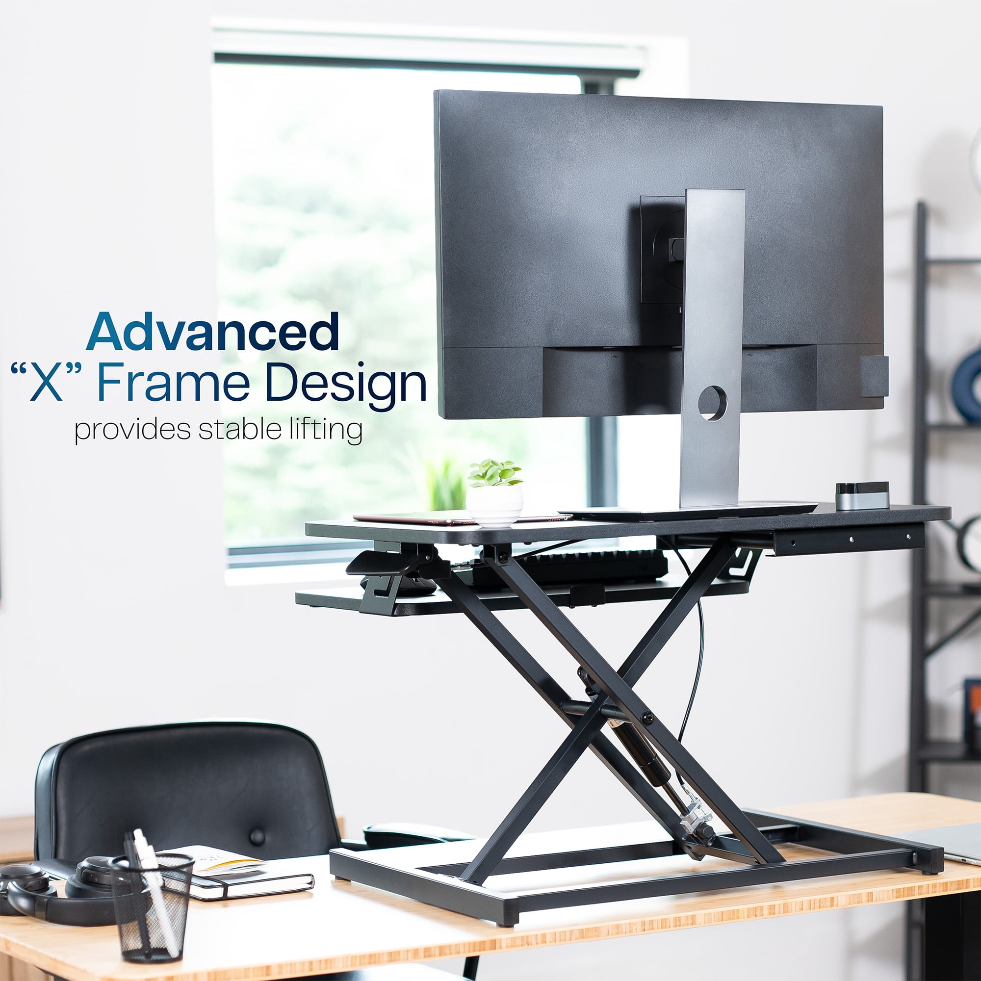VIVO Black Height Adjustable 28" Standing Desk Monitor Riser, Sit Stand Tabletop