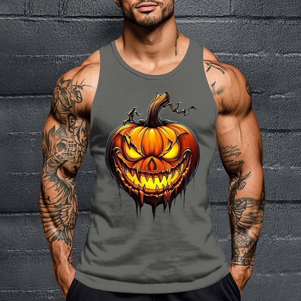 Camiseta sin mangas de cuello redondo para hombre, con estampado de Halloween, cuello redondo, estilo informal, deportiva, para hombre