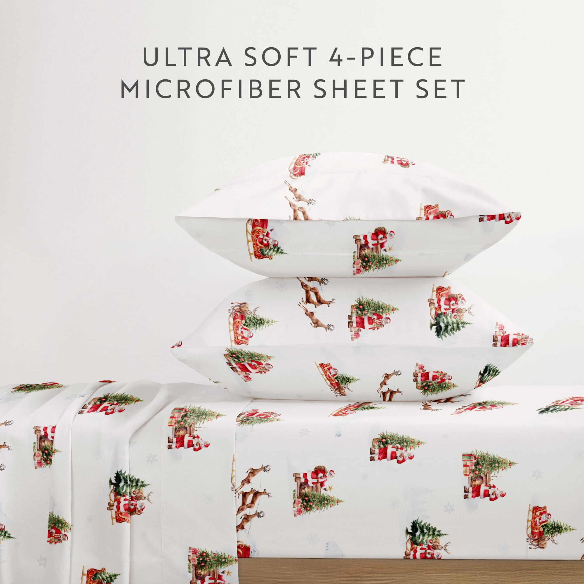 Noble Linens 4 Piece Holiday Microfiber Bed Sheet Set, Vintage Santa, Queen