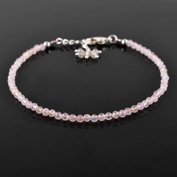 QNAVIC Natural Pink Morganite Gemstone Micro Round Beads Dainty Handmade Bangle Bracelet Jewelry for Women Healing Crystals March Birthstone Birthday Gift for Her Silver Plated Chain 8 inch
