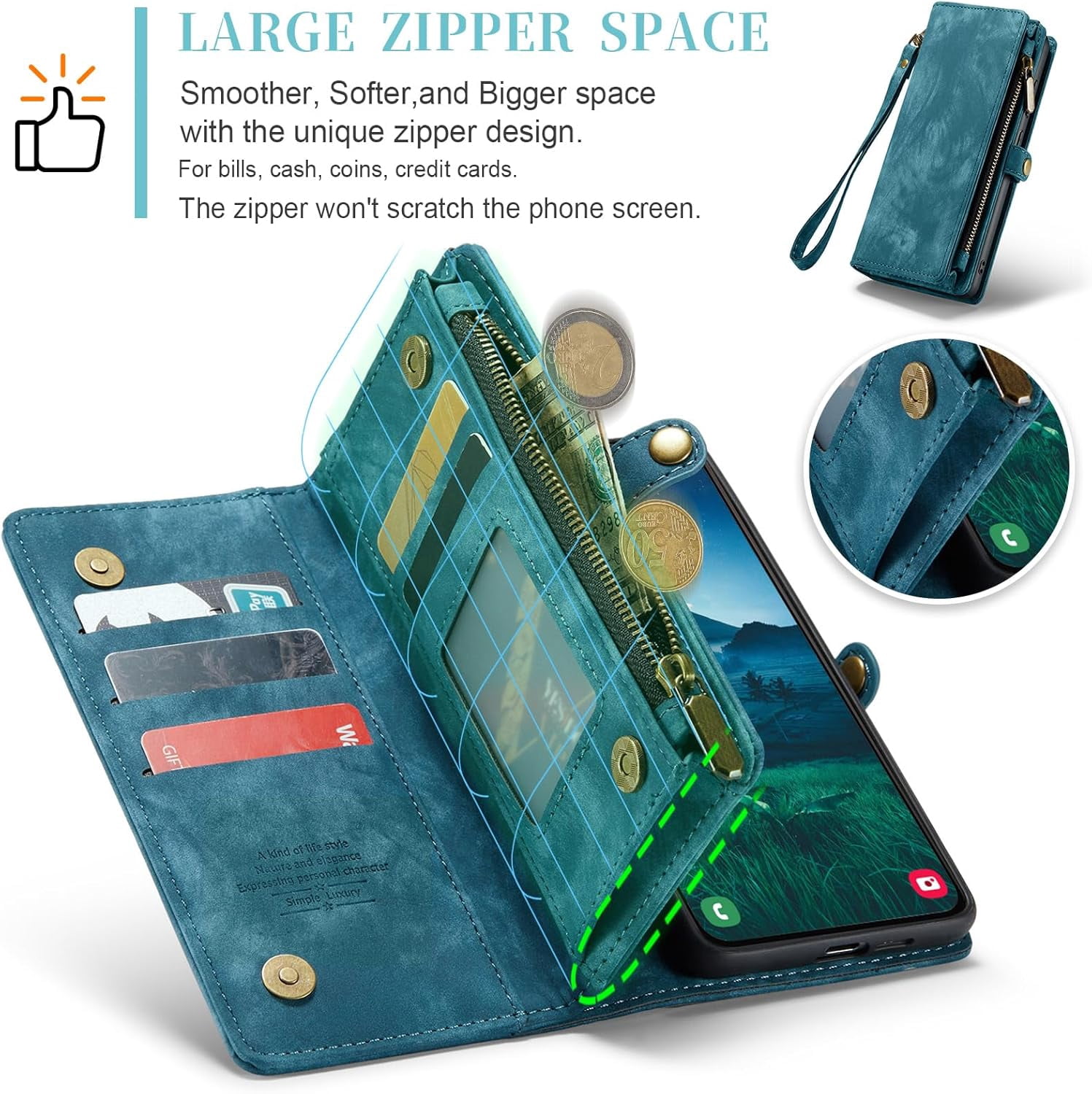 Compatible with Samsung Galaxy S24 Plus/S25 Plus S24+ S25+ 5G Phone Case Zipper Wallet Screen Protector Strap Flip Card Holder Cell Cover for S24Plus 24S + S 24 24+ S25Plus 25S 25+ SM-S936U Blue