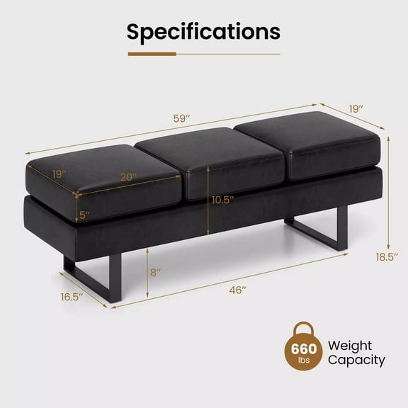 Auranook Waiting Room Bench Seating w/ Metal Frame Leg Upholstered Reception Bench，End of Bed Stool or Shoe Stool,Black