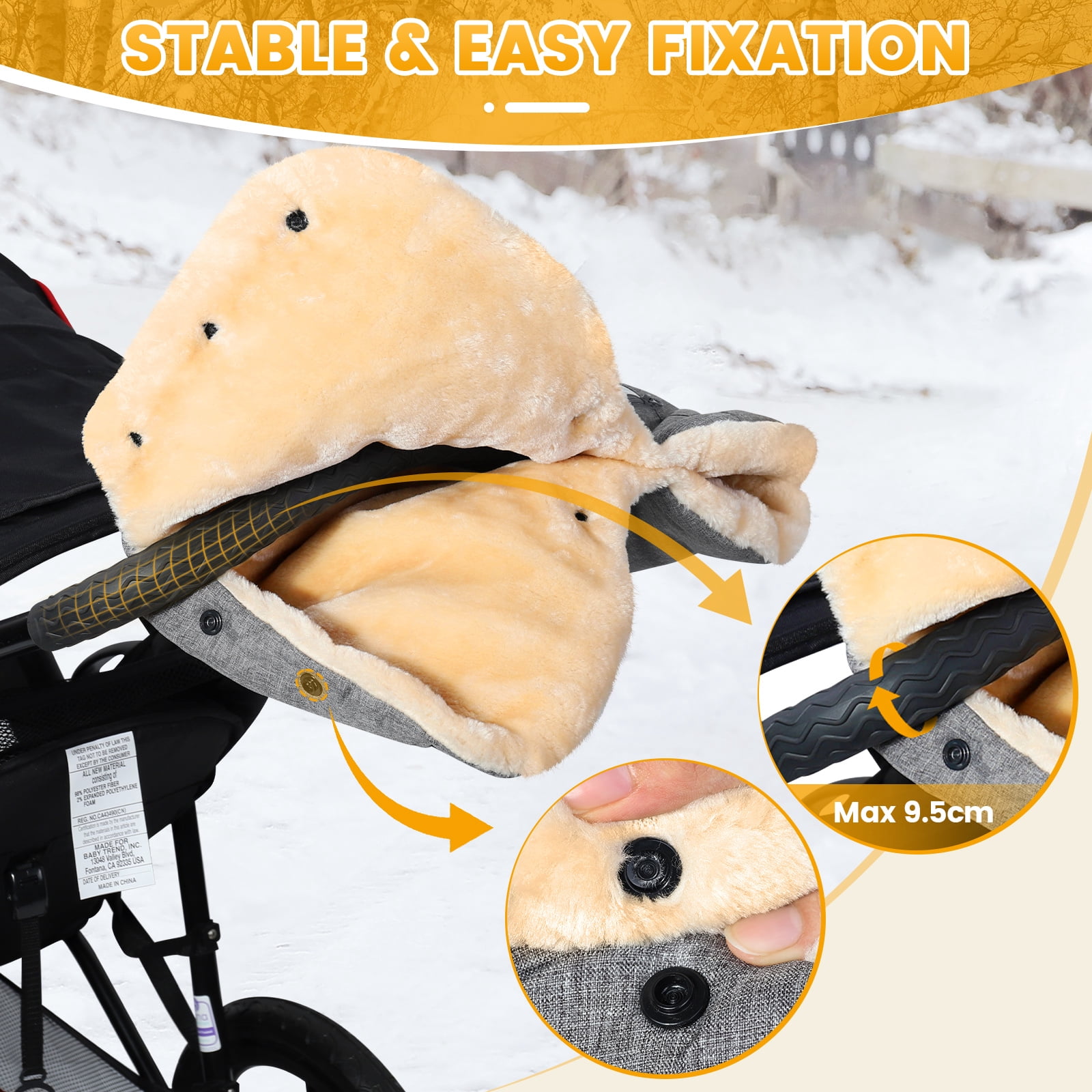 Orzbow Faux Sheepskin Stroller Gloves with Phone Pockets, Winter Extra Thick Mittens for Baby Stroller, Cozy & Warm, Anti-freeze Hand Muff Easily Attaches to Stroller for Parents Caregivers, Grey