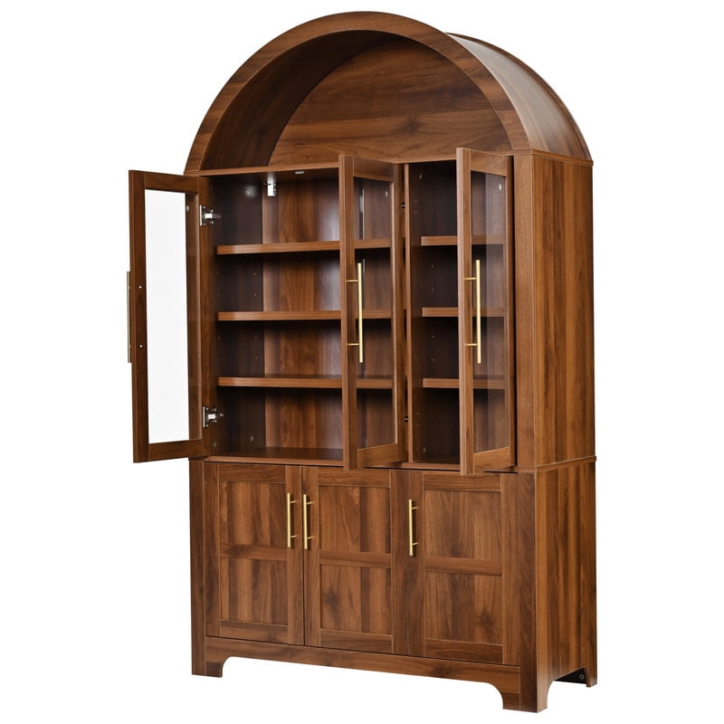 Arched Kitchen Pantry Cabinet with Glass Doors, Farmhouse Tall Storage Cabinet with Adjustable Shelves, Door Storage Racks & Open Display Shelves, Wooden Cupboard for Kitchen, Dining Room