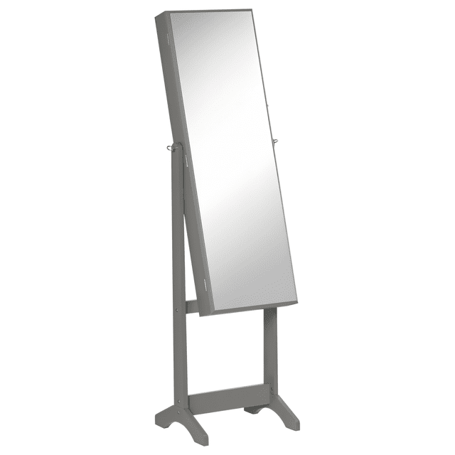 Mirror Jewelry Cabinet Armoire, Lockable Jewelry Organizer with Full-Length Mirror, 3 Angle Adjustable, Grey