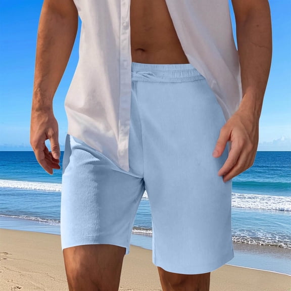 Mceream Mens Linen Shorts Breathable Casual Elastic Waist Drawstring Summer Beach Shorts with Pockets Lightweight Quick Dry Sports Shorts Beach Vacation Corduroy Shorts Sky Blue S
