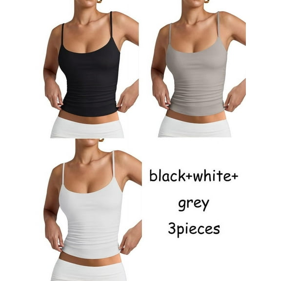 3PCS Women's Basic Double Lined Scoop Neck Tank Tops Adjustable Cami Tank Summer Sleeveless Tops(black.white.gray XS)
