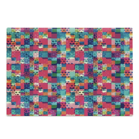 Geometric Cutting Board, Fashion Themed Italian Grunge Modern Color Contrast Squares with Dots Art, Decorative Tempered Glass Cutting and Serving Board, Large Size, Multicolor, by Ambesonne