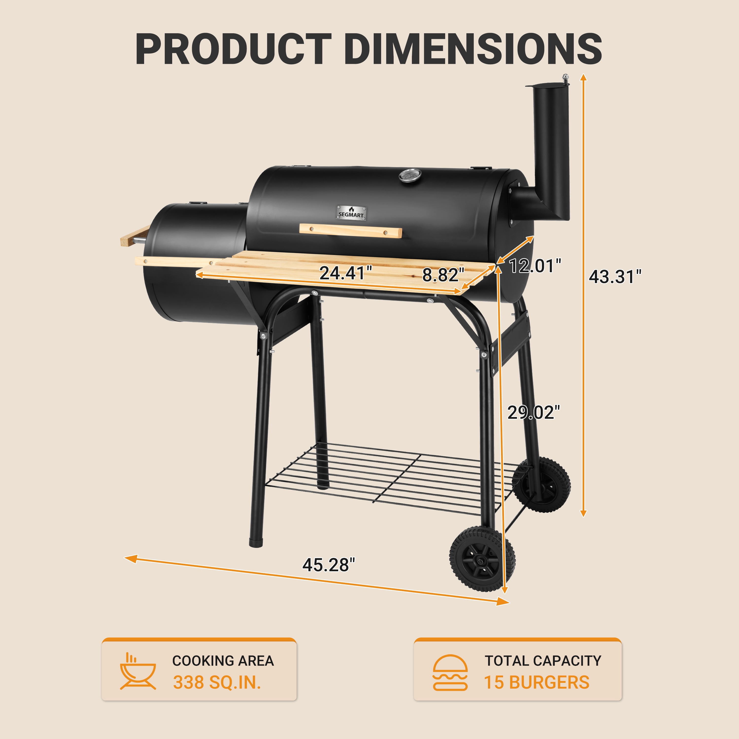 Segmart Charcoal Grill with Offset Smoker, Portable Outdoor Barrel Grill with Front Shelf, Built-In Thermometer & Wheels, 338 Sq. In. Cooking Area, Ideal for Backyard Patio BBQ