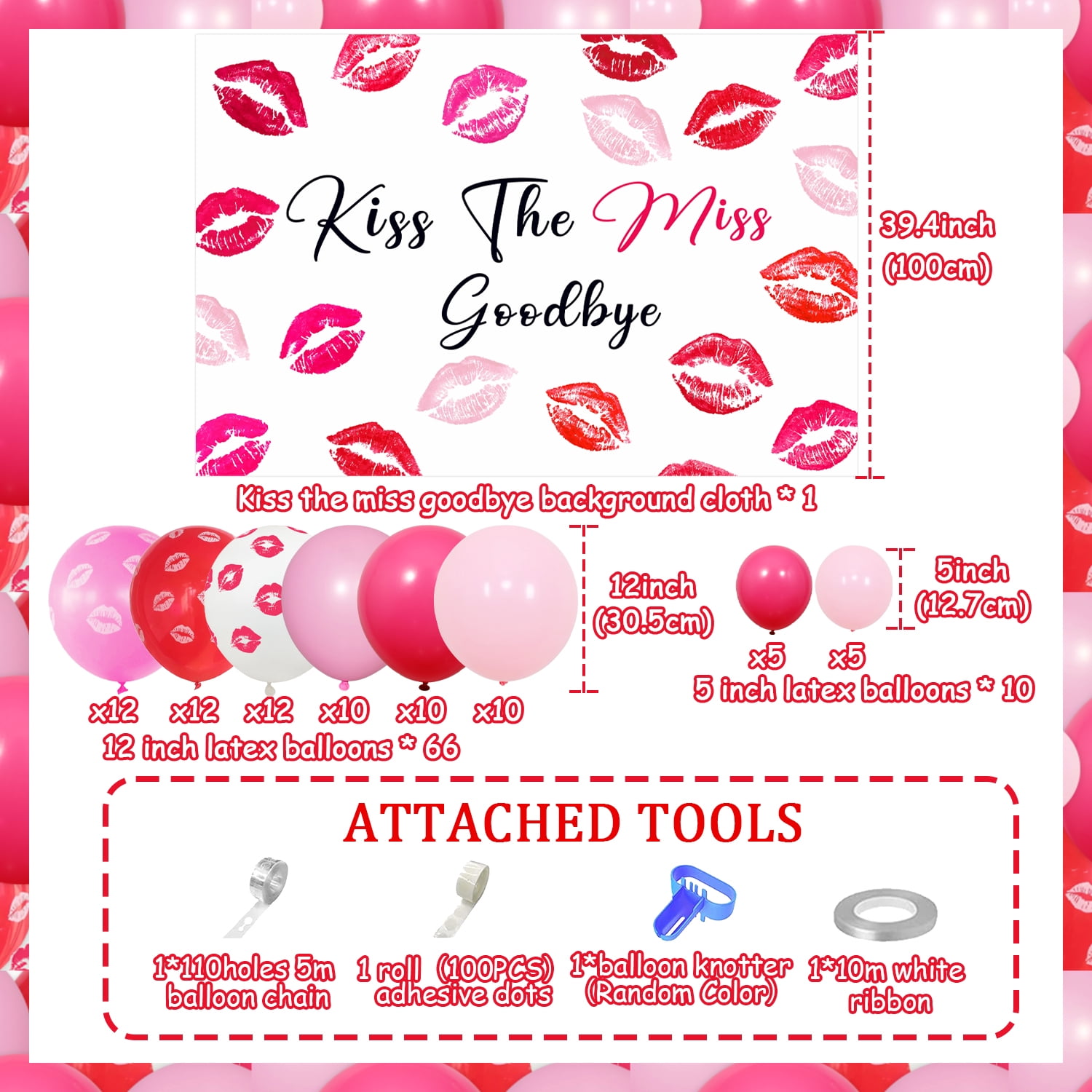 Bachelorette Party Balloon Garland Arch kit Decoration Kiss The Miss Goodbye Backdrop Red Lips Balloons for Hen Party Bridal Shower Party Suppiles