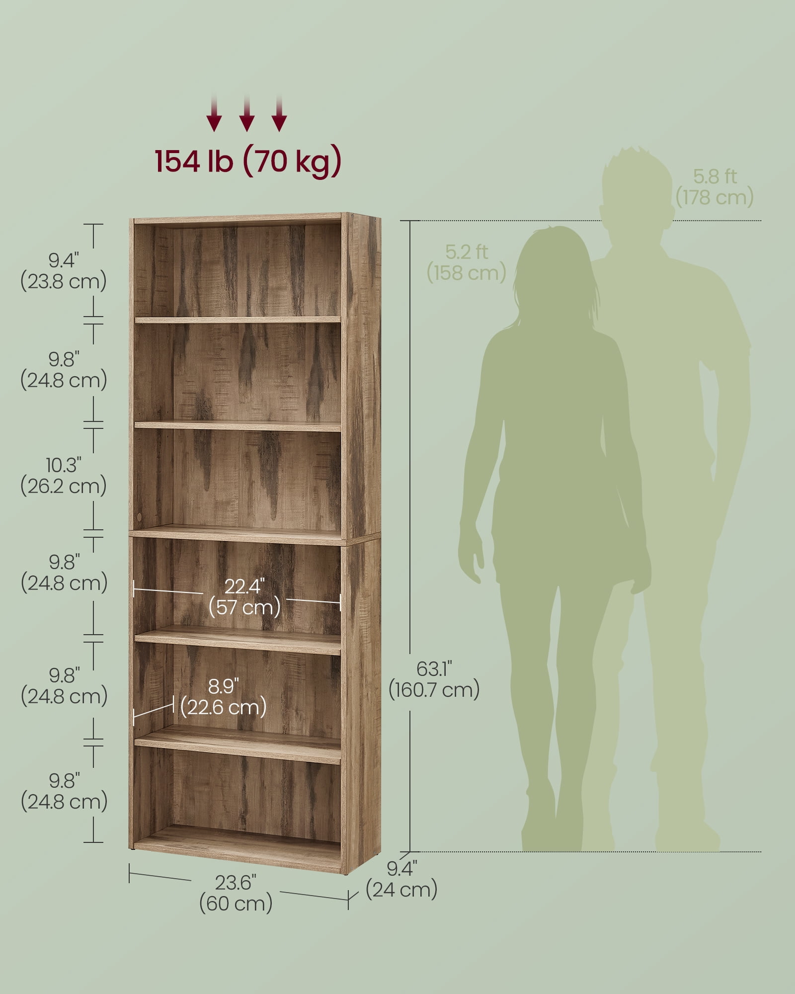 6-Tier Adjustable Bookcase, Open Storage Shelf, 9.4" D x 23.6" W x 63.3" H, for Living Room, Office, Dinning Room, Space-Saving Design