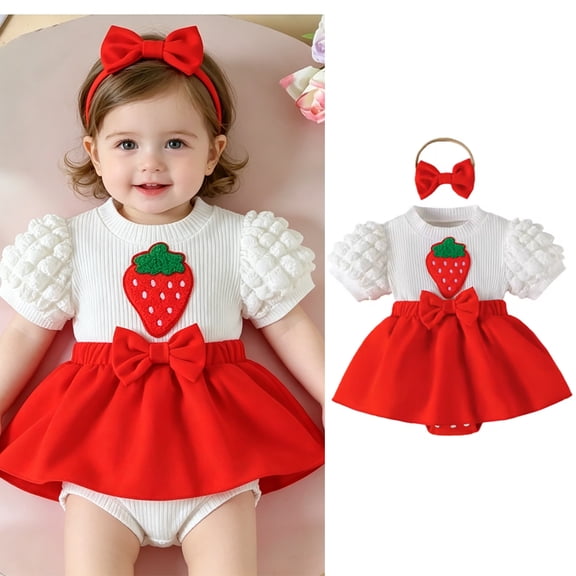 2026 Baby Girl Bodysuit Short Sleeve Embroidery Strawberry Bowknot Red Romper Dresses For Girls Newborn Clothing Girls