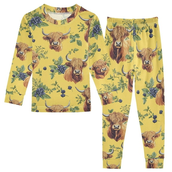 joogoo Highland Cattle Blueberry 2 Piece Long Sleeve Tee and Pants Cotton Pajama Set 5Y