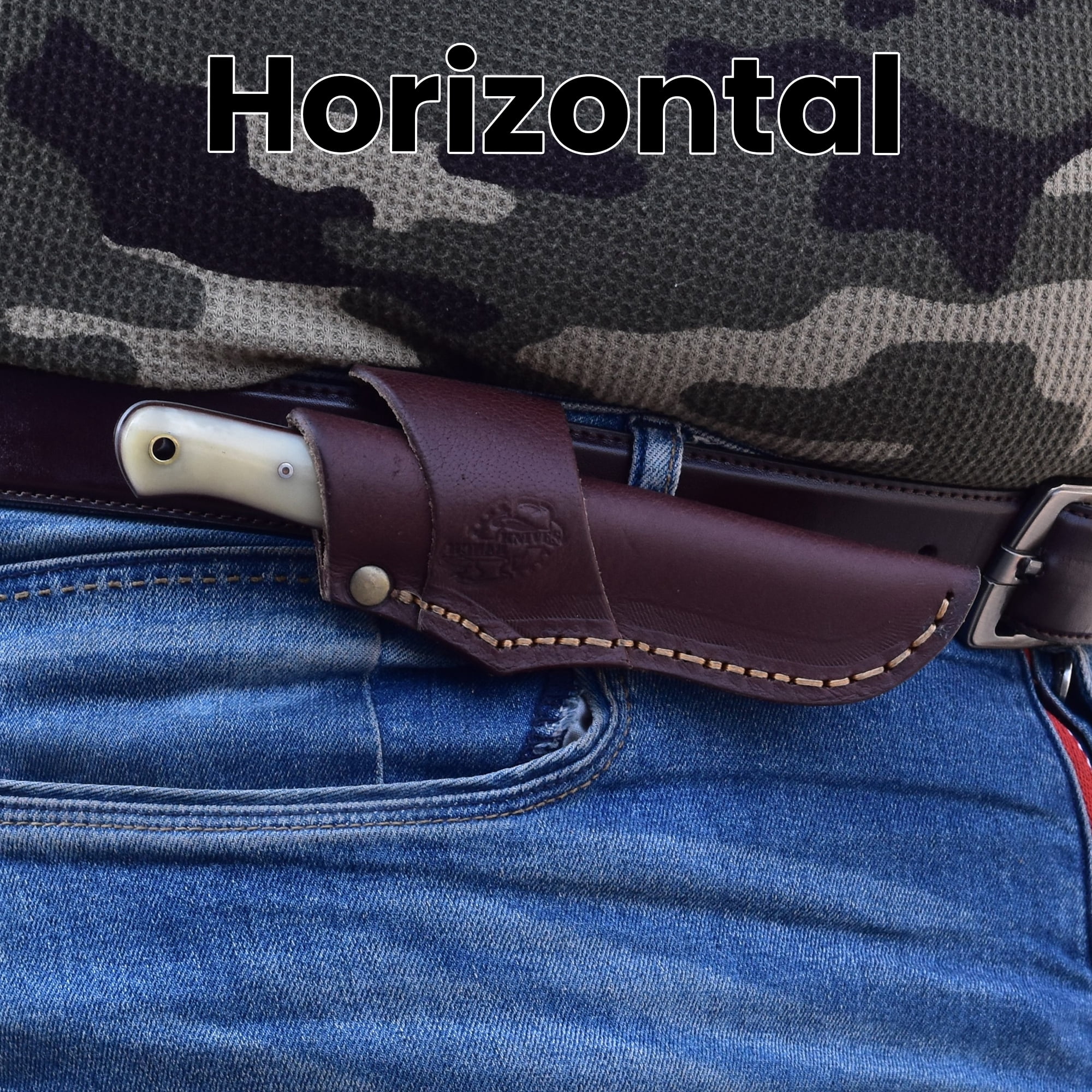 Knives Ranch Handmade 7 inch EDC Tanto Knife - Full Tang Damascus Steel Blade - Compact Everyday Ranch Utility Knife - Natural Cattle Handle - Genuine Leather Sheath - Horizontal Belt Carry (Snug Fit